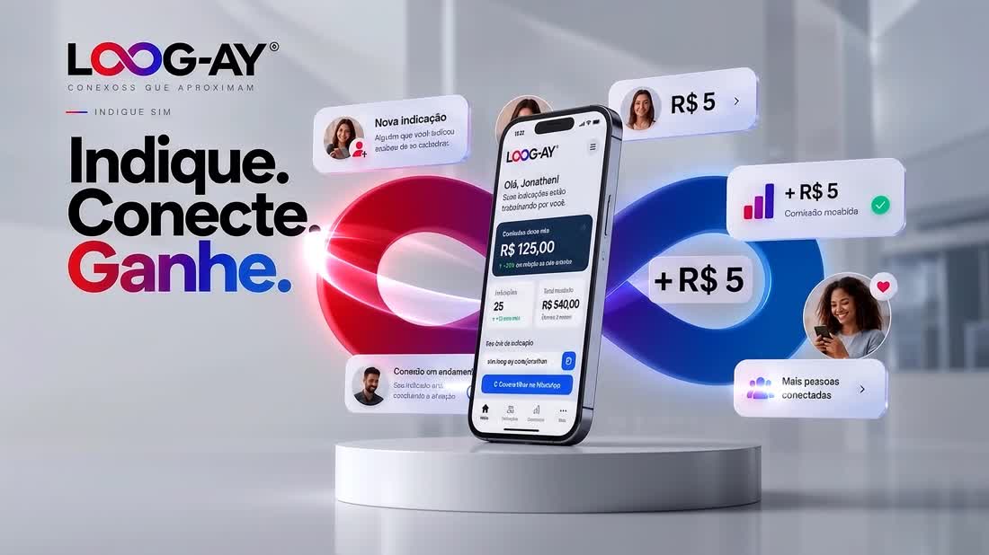 Indique. Conecte. Ganhe. Celular com o painel de indicações da LOOG-AY